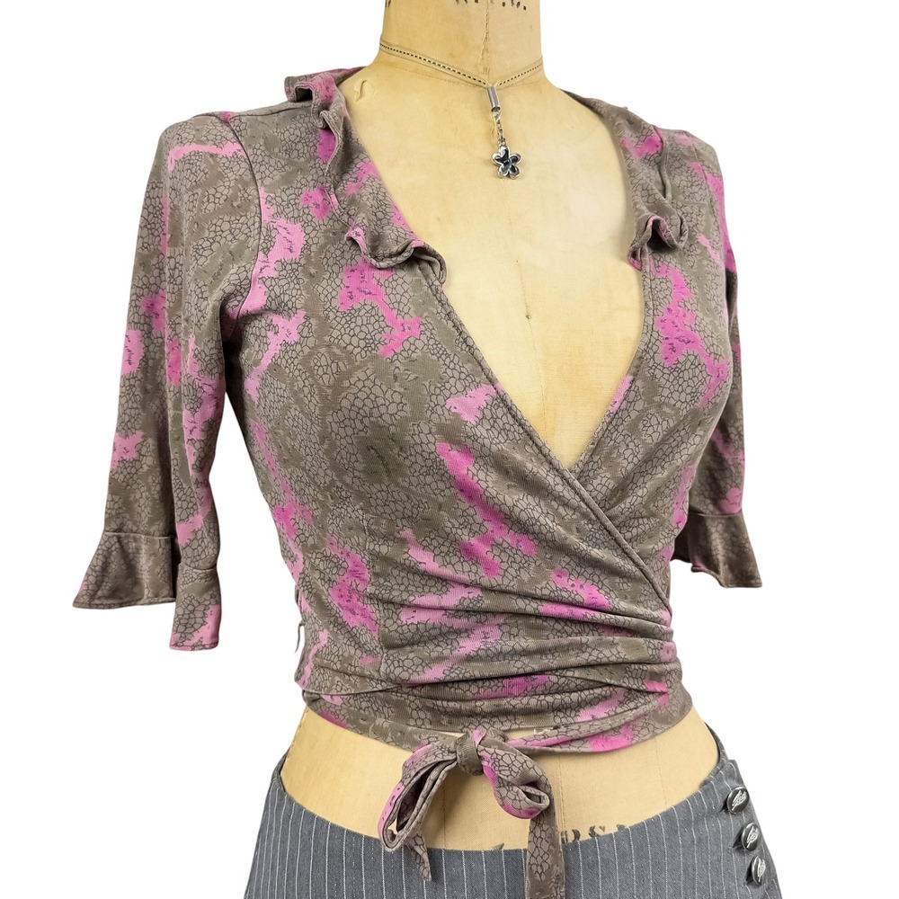 Diane von Furstenberg 100% Silk Wrap Top Ruffle Trim Floral Brown Vintage S - Picture 5 of 12